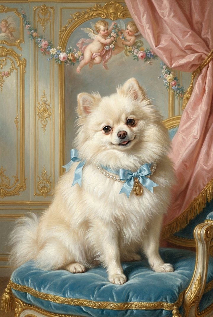A Pomeranian in Rococo court dress, oil on Inkpaw museum canvas
