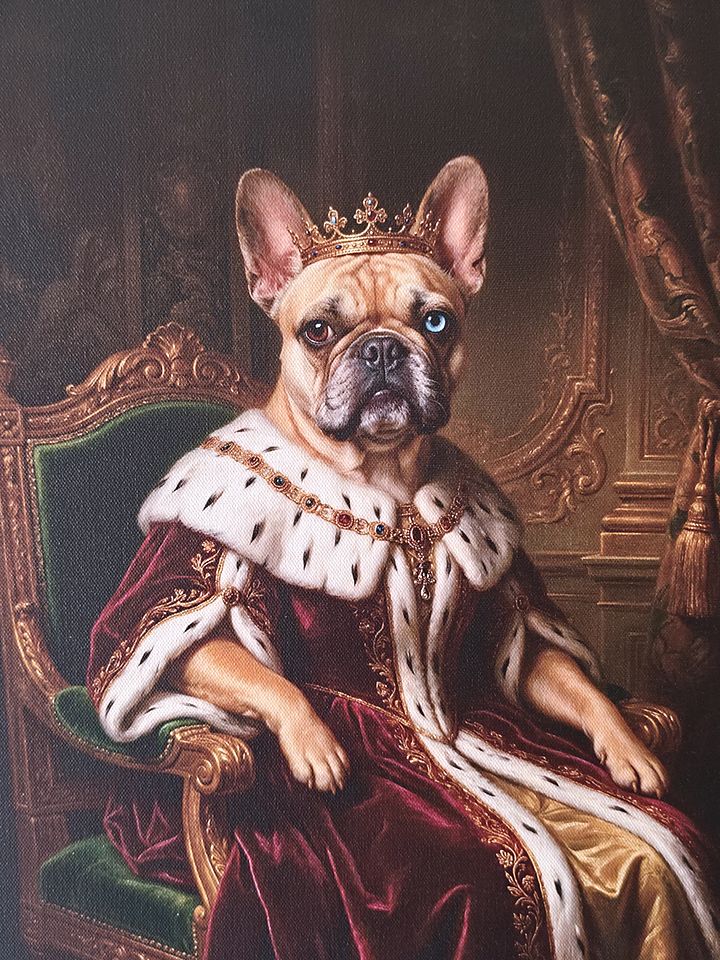 Cali's finished portrait in the classical oil style, printed on museum canvas and hung at home — the founding commission