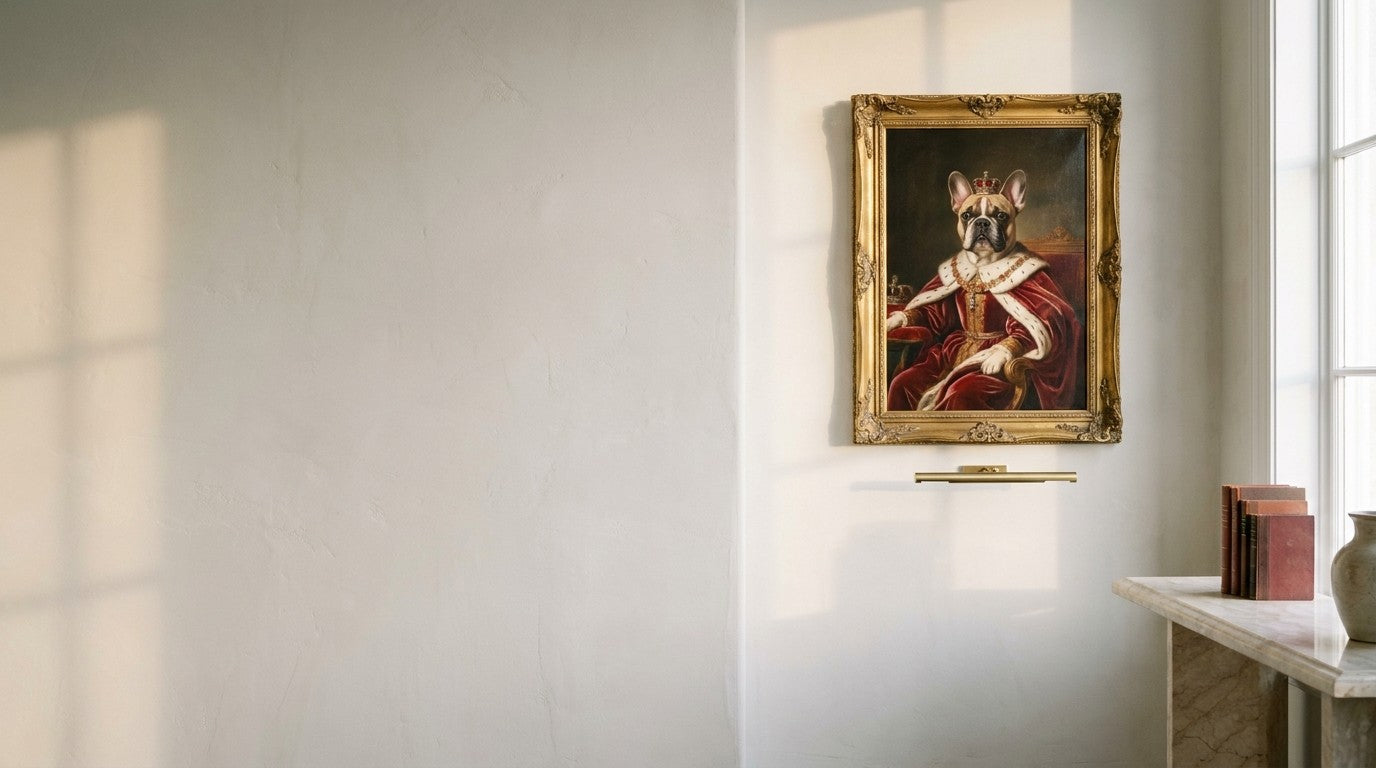 An oil portrait in a gilt frame, hung on a plaster wall in daylight