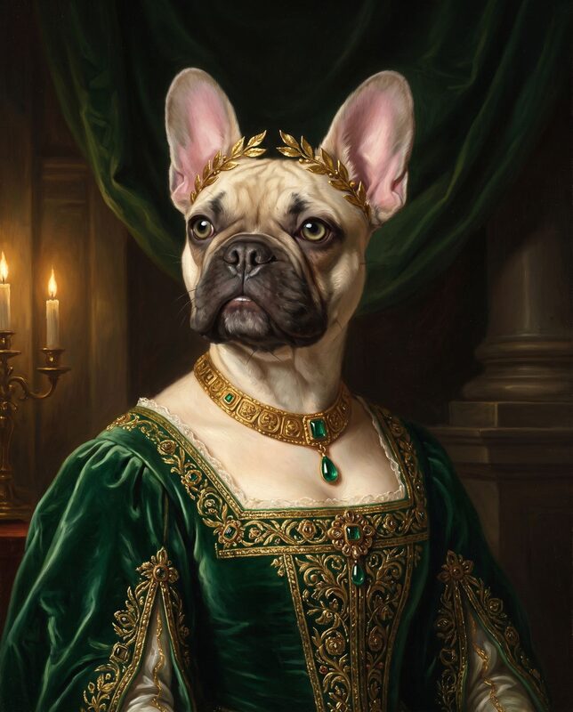 Aya, French Bulldog, imperial emerald portrait in the oil tradition