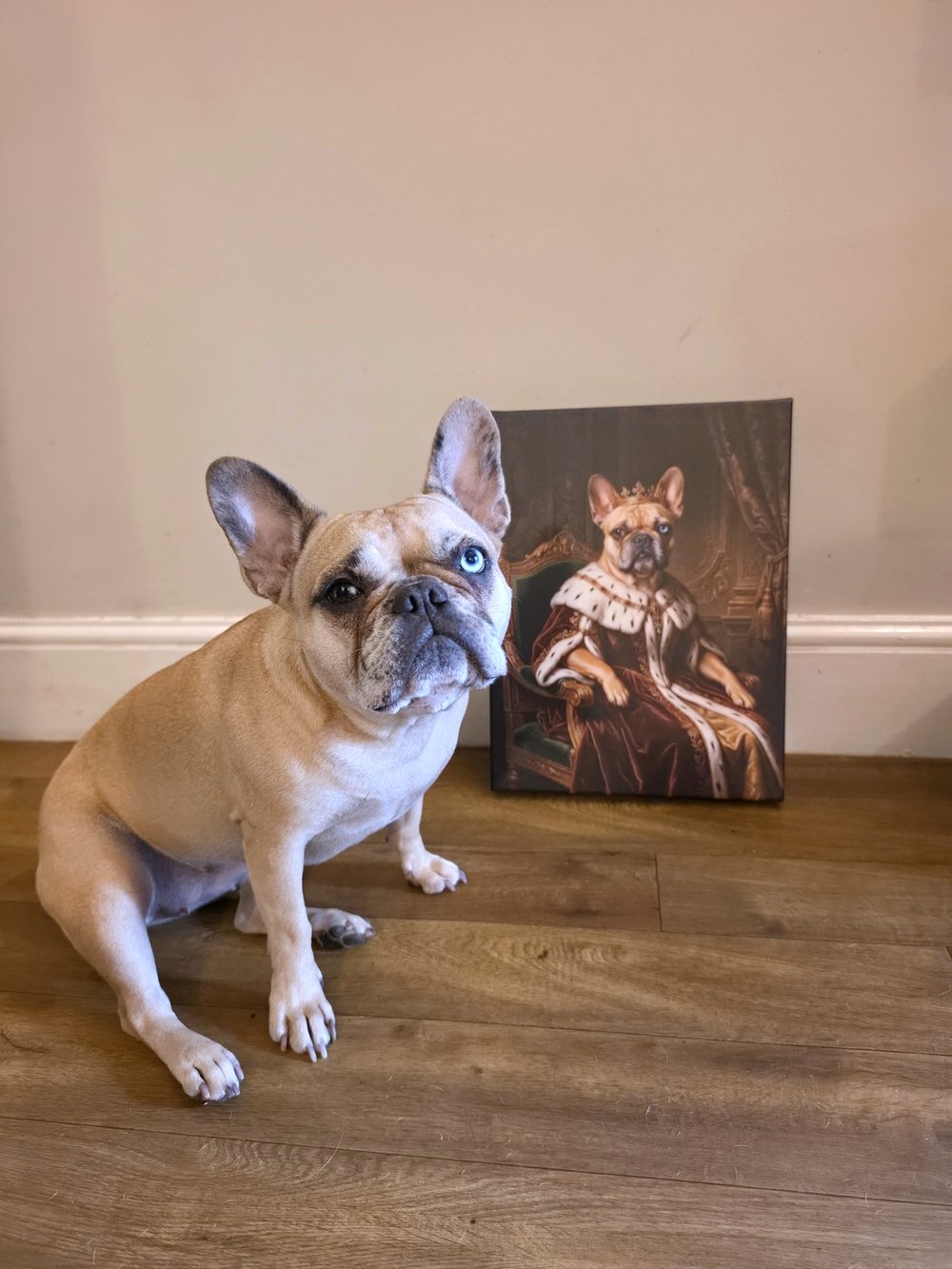 Cali, a French Bulldog, sitting beside her own finished portrait on canvas