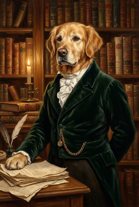 Golden Retriever, court portrait in the oil tradition