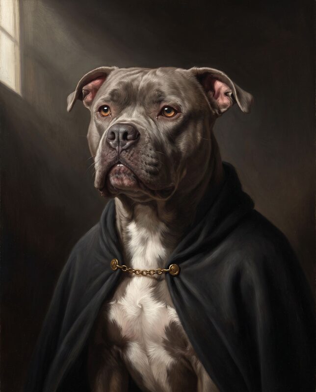 Sensei, American Bully, Rembrandt-style portrait in the oil tradition